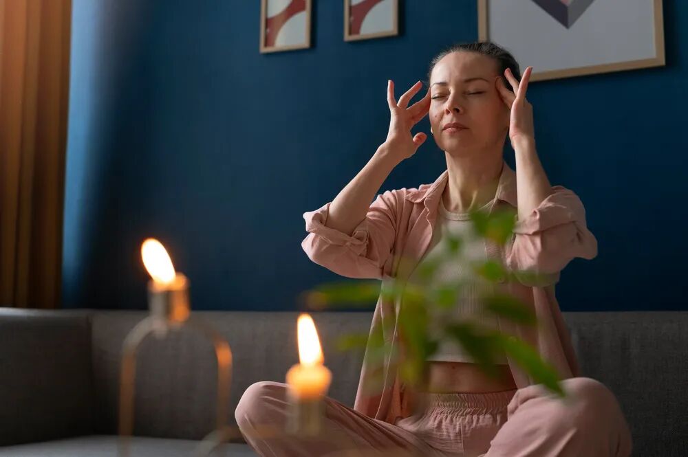 A person practising a calm, focused breathing exercise in a softly lit room